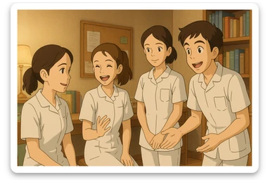 Scène intérieure Ghibli : quatre étudiants infirmiers en interaction, tenues blanches à manches courtes, tuniques col en V, poche poitrine à gauche, avant-bras nus, pas de pied de col ni stéthoscopes, cheveux longs attachés pour celles qui en ont. Visages inspirés des quatre photos jointes. sticker