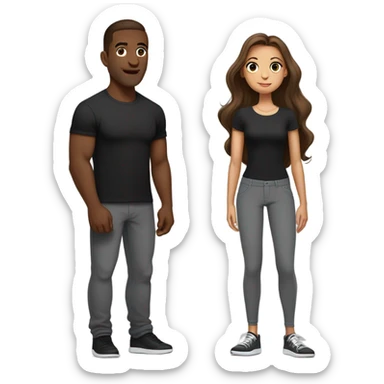 Guy with big nose and brown hair and really tall wearing black t-shirt and grey joggers and girl next to him with long brown straight hair wearing a tight black bodycon dress and makeup on  sticker