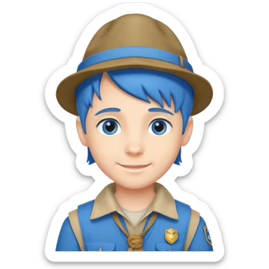 very handsome boy big blue eyes, scout boy with, blue hair and hat sticker