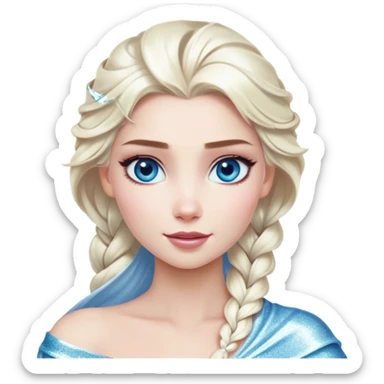 Cinematic Realistic Elsa Portrait, depicted with lifelike skin texture, soft natural lighting, and intricately detailed platinum blonde hair styled elegantly. Her striking, expressive blue eyes exude confidence and grace, complemented by a serene and regal expression. She is dressed in her signature icy attire, with shimmering fabric textures and delicate folds that catch the light beautifully. The portrait features a soft, enchanting glow with a cool, radiant finish, capturing the essence of timeless elegance in a realistic and painterly style, evoking a sense of depth and authenticity. sticker