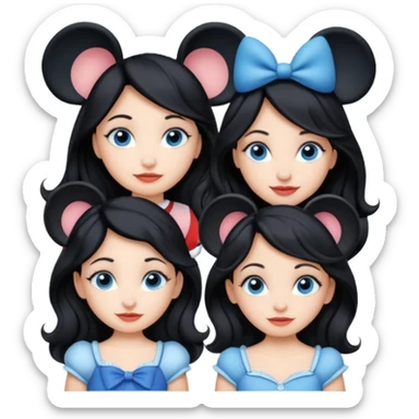 escribe el nombre Disneyland Paris y para titulo, pon a quatro chicas: una pelo corto negro, una pelo rizado largo, una pelo largo liso y la otra pelo ondulado mediano, esta con el ojos azules. Todas tienen piel carne sticker