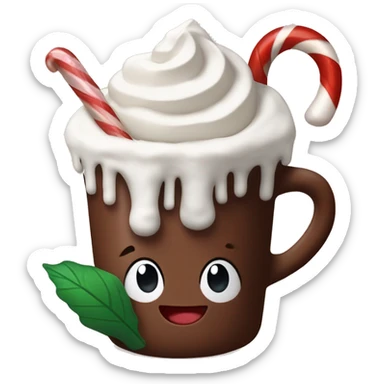 Hot cocoa topped with whipped cream and candy cane sticker