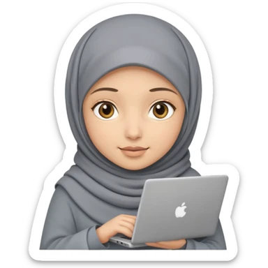 A girl wearing a gray hijab and with hazel eyes is carrying a laptop, not a laptop, just a regular laptop. Not mat bock  sticker