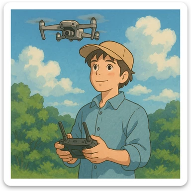 ghibli style drone pilot outdoors holding a controller sticker