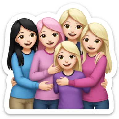 Girlfriend emoji - 5 white girlfriends, two with long dark black hair, one with medium blonde hair, one with long pale pink hair, one with short light blonde hair.  They should be laughing and hugging  sticker