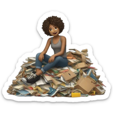 girl sitting on top of a "junk pile" but the junk pile is actually desirable items like books, clothing, tickets, things representative of art and culture... sticker