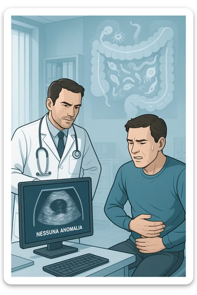 Medico in camice bianco in uno studio moderno, mentre osserva una TAC o ecografia su uno schermo con espressione convinta. Accanto a lui, un paziente seduto che lamenta dolori intestinali. Sullo sfondo, un’immagine traslucida dell’intestino pieno di piccoli parassiti stilizzati (vermi, protozoi), non visibili nel monitor medico. Il monitor mostra 'nessuna anomalia', ma dietro c’è la realtà invisibile. Atmosfera clinica ma con contrasto simbolico tra 'ciò che si vede' e 'ciò che sfugge'. Colori freddi, luce ospedaliera in italiano sticker