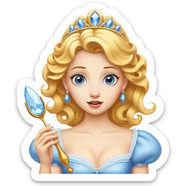 Cinematic Funny Cinderella Portrait Emoji, Stunned expression as she holds a glass slipper much too big, one eyebrow raised, golden curls slightly messy, a mix of royal grace and unexpected humor, capturing a lighthearted twist on her fairy tale moment! sticker