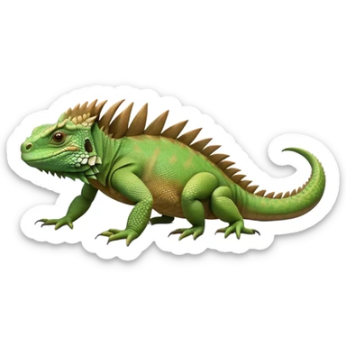 cinematic-iguana-realistic-full-body-basking-emoji,-long-scaly-body-stretched-out,-spiny-ridge-running-down-its-back,-textured-green-and-brown-skin-dappled-with-light,-sharp-intelligent-eyes-studying-the-surroundings sticker