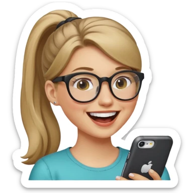 White girl with dark blonde hair in a ponytail and glasses laughing sticker