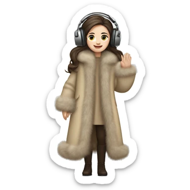 Posh pale long hair brunette girl in beige fur coat and fur headphones waving sticker