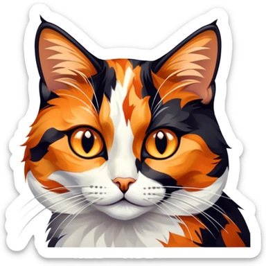 Cinematic Noble Calico Cat Portrait Emoji, Poised and regal, with a striking patchwork fur in vibrant orange, black, and white hues, delicate whiskers and a refined, focused gaze, simplified yet exquisitely detailed, glowing with a soft, moonlit radiance and an air of aristocratic elegance, high shine, exuding dignified intelligence and poised authority, soft glowing outline, capturing the essence of a watchful and noble calico cat that appears ready to grace the screen with effortless majesty! sticker
