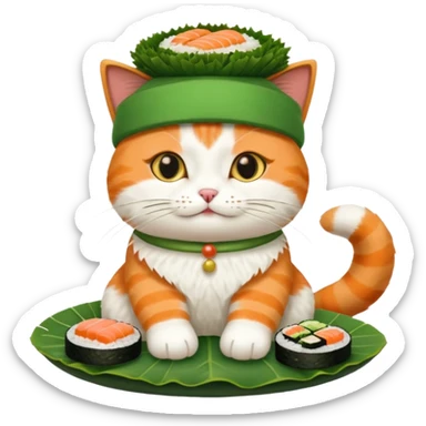 cat with its paws crossed wearing a hat made out of sushi sticker