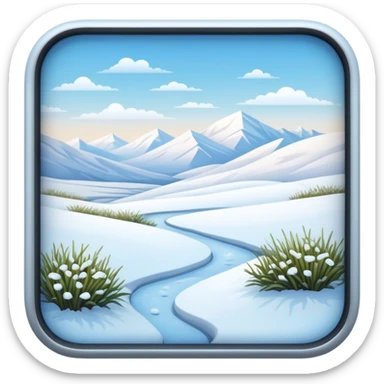 Cinematic Realistic Tundra Emoji in a wooden frame, Vast and cold, with wide expanses of snow-covered ground, sparse grasses poking through, and the occasional hardy shrub breaking up the pale white landscape. The sky above is a pale, frosty blue, and the light reflects off the snow, creating a serene yet starkly beautiful environment. Soft glowing outline, capturing the essence of a quiet, still, frozen wilderness where life endures despite the harsh conditions. sticker