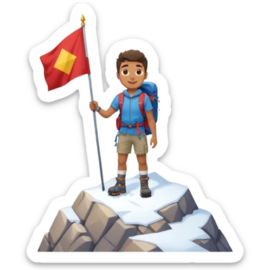 a happy guy standing on a sharp, rocky mountain peak with snow under his feet, holding a flag sticker
