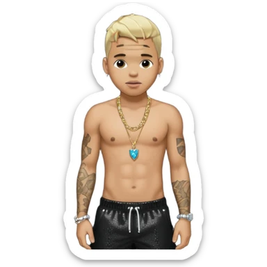 Chris Brown with blonde hair, black sequin baggy pants, shirtless with necklace sticker