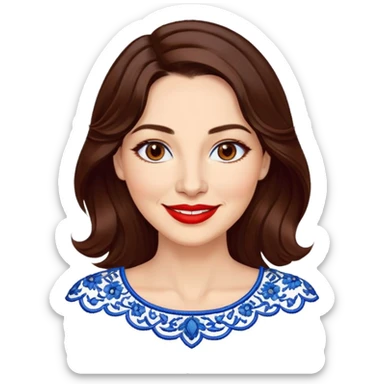 Woman in her 40s with clear skin, round face, wide friendly smile, big light brown eyes, vibrant red lipstick, shoulder-length wavy dark brown hair, white top with blue embroidery and electric blue neckline, mature elegant look sticker