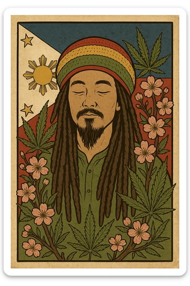 Vintage poster of an Asian Rasta with long dreadlocks, peaceful eyes, and a red-gold-green tam. Surrounded by cherry blossoms and ganja leaves. Background Asian flag. Retro reggae fusion vibe, with bold lines and aged paper texture. Philippines with the actual flag
 sticker
