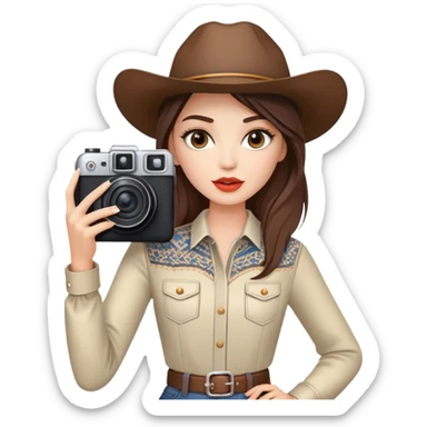 Western female fashion model posing with camera taking selfie, stylish outfit sticker