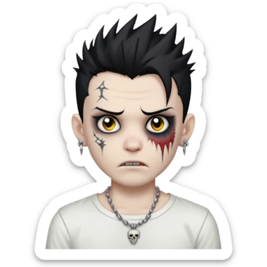 zombie boy with spiky emo black hair and white shirt , tattos, a risk on the eyebrow, earings,  a necklace emoji sticker