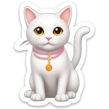 full body white orange cat cute with a small black eyes and a paw pink necklace sticker