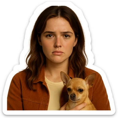 Portrait centered for Instagram profile picture, inspired by the facial features visible in the reference images, with a tanned complexion, subtle freckles, shirt color #FFF8CA, rust-colored jacket, medium-length brown hair with auburn highlights, disappointed and disillusioned expression, holding a beige-brown chihuahua, Netflix series style, transparent background, intimate Tenerife ambiance. sticker