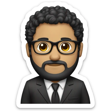 men curly dark hair , glassesblack eyes, chubby , full beard , ith suit  and tie sticker