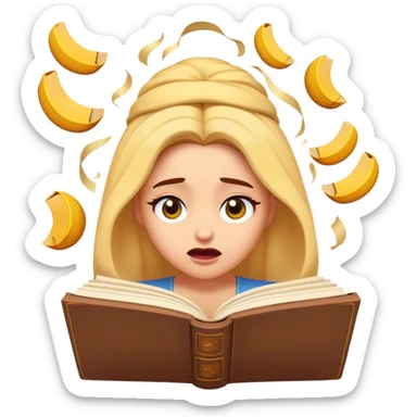 Cinematic Funny Belle Portrait Emoji, Looking exasperated as a book lands on her head, one eye twitching, caught in a hilariously relatable moment of book-lover clumsiness! sticker