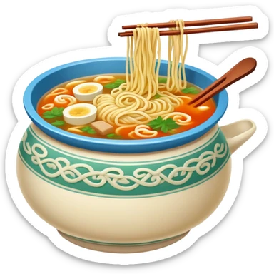 Yunnan Crossing the Bridge Noodles with raw ingredients and hot broth in special pot, simplified emoji style with bold outlines and bright colors, cartoon style unique serving method sticker