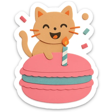 Change the cat to have a laughing face, place 1 candle in the middle of the macaron, and add 3 confetti around it. Keep all other design elements unchanged, paper-craft style sticker