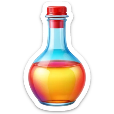 A 3D Apple-style beverage bottle emoji, transparent glass filled with colorful liquid (like soda or juice), shiny surface with light reflections, simple round body with a narrow neck and cap, clean minimal background. sticker