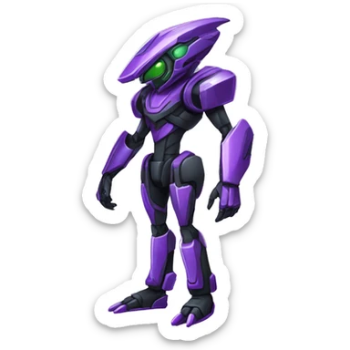 a shiny black-green-purple Genesect-Raptor-Fakémon-Medabot-hybrid with a futuristic visor-helmet full body sticker