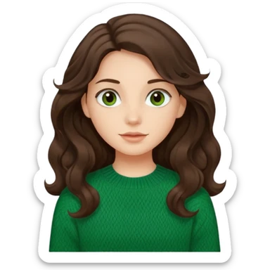 Una chica güera con pelo ondulado, café oscuro, largo, ojos cafés oscuros y con suéter o camisa verde sticker