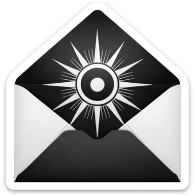 Open envelope, centered, black interior with a bright circular core and radial engraved sunburst rays, pure black ink on pure white, stipple/crosshatch only, razor sharp --style raw --ar 1:1 --no gradient, gray, 3d, glossy, text sticker