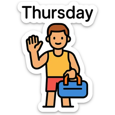 a sportsman holding his gymbag waving his hand goodbye. The word Thursday is above the sportsman sticker