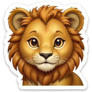 Cinematic Cute Lion Cub Portrait Emoji, Head tilted playfully and inquisitively, featuring a glossy tawny Fur with a lush mane and round, sparkling amber eyes filled with curious mischief, Simplified yet irresistibly adorable features, highly detailed, glowing with a warm, friendly glow, high shine, affectionate and spirited, stylized with a touch of jungle whimsy, bright and endearing, soft glowing outline, capturing the essence of a mischievous yet loving Lion Cub, so playful it feels like it could pounce out of the screen and into your arms! sticker
