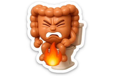 SU QUESTO STILE FAI UN EMOJI STILE IPHONE 3D DI UN INTESTINO CHE sta seduto sul wc e dal wc in mezzo alle sue gambe esce una fiamma stile emoji iphone, FAGLI UN ESPRESSIONE di dolore mentre si sforza E FALLO MOLTO REALISTICO IN 3D sticker