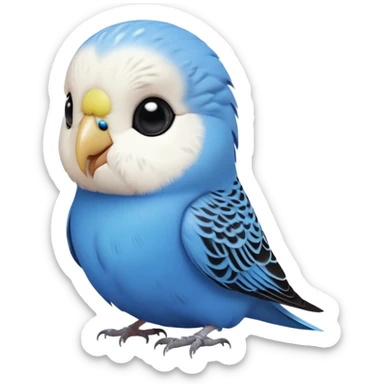 cinematic-cute-blue-budgie-portrait-emoji,-head-tilted-playfully-and-inquisitively,-featuring-a-brilliant-blue-feathered-fur-and white and black feathered face-with-a-natural-sheen,-round,-sparkling-dark-eyes-filled-with-curiosity,-simplified-yet-irresistibly-adorable sticker