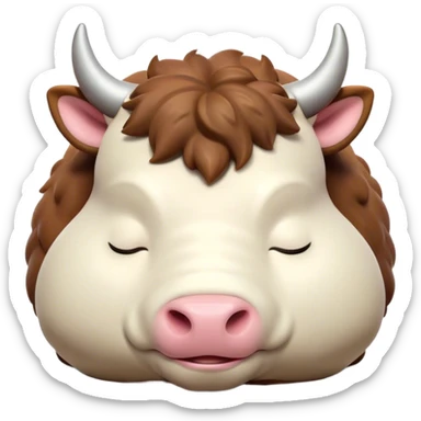 Meme-Worthy Cute Sleeping Domestic Ox Portrait Emoji, Head resting peacefully with a contented smile, showcasing a massive, sturdy build and a luxuriously soft hide, eyes gently closed in serene, restful slumber, Simplified yet hilariously adorable features, highly detailed, glowing with a soft, drowsy natural light, high shine, relaxed and utterly lovable, stylized with an air of playful laziness, soft glowing outline, capturing the essence of a sleeping ox that feels destined to become the next viral sensation of adorable rest! sticker