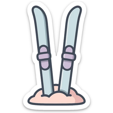 narrow cross-country skis stuck into the snow, tips visible, detailed shading, thin clean outlines, soft rounded features, pastel palette #98B5BC #B5B3C1 #C9A3C9 #E4C0CA #F7DCD1 #F7C0AA, Japanese pop art, sticker look, highly detailed, vector clarity, soft lighting, subtle shadows, transparent background sticker