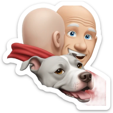 large gray male pit bull smiling and hugging bald white mature man no beard blue eyes with red tshirt sticker