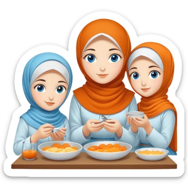 Four sister Turkish girls beautiful finish Konya blue eyes with orange blossom hijab and Islamic dress and make Breakfast sticker