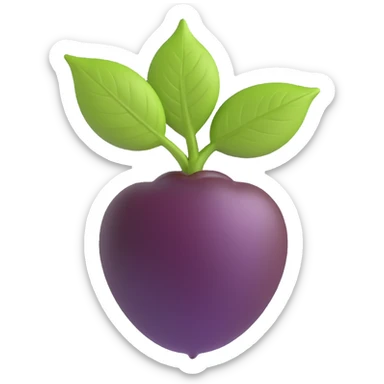 modern emoji icon of açaí berry, more realistic, deep purple glossy berry, lower half smoothly coated in dark chocolate, small natural green leaf on top, no face, clean playful realistic style sticker