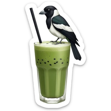  ONE Australien Magpie (just black and white feathers) sitting on an iced matcha latte on the edge of the glass. magpie has green matcha on its beak. matxha latte is in a see through glass and white from the oat milk on the bottom and green without seeds on top… one straw & ice cubes sticker