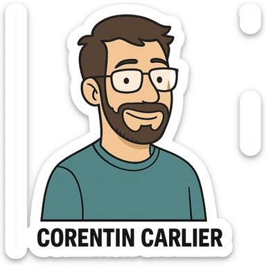 Corentin Carlier as a cartoon character, friendly and approachable, wearing glasses sticker