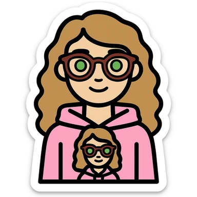 Edit the cartoon image to depict a girl with lighter skin, dark blonde wavy hair, green eyes, wearing a baby pink hoodie and brown glasses, with no background. sticker