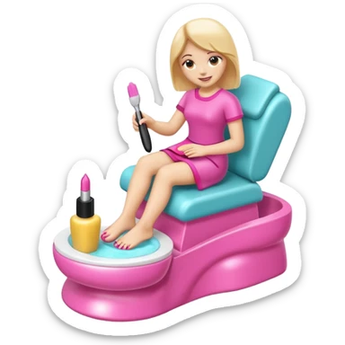 3D isometric emoji of a foot getting a pedicure, hand holding a nail polish brush, soft glossy texture sticker