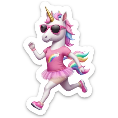friendly anthropomorphised female unicorn in tutu and pink t-shirt, wearing dark sunglasses, jogging upright in standard pose sticker