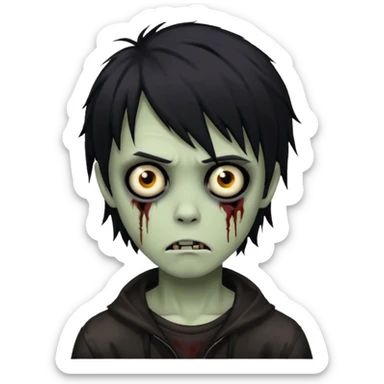 boy zombie with black medium-long emo shaggy hair, dark and spooky, creepy expression sticker