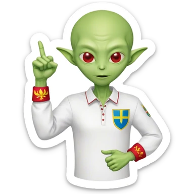 Green alien in Shirt 👚 vyshyvanka, white with red embodiary on sleeved, with 🇺🇦 Ukraine flag in a hand and 💪 sticker